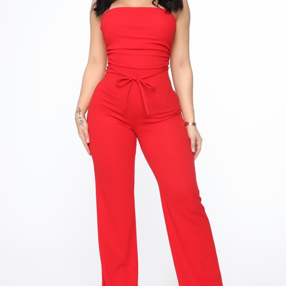 Red strapless jumpsuit